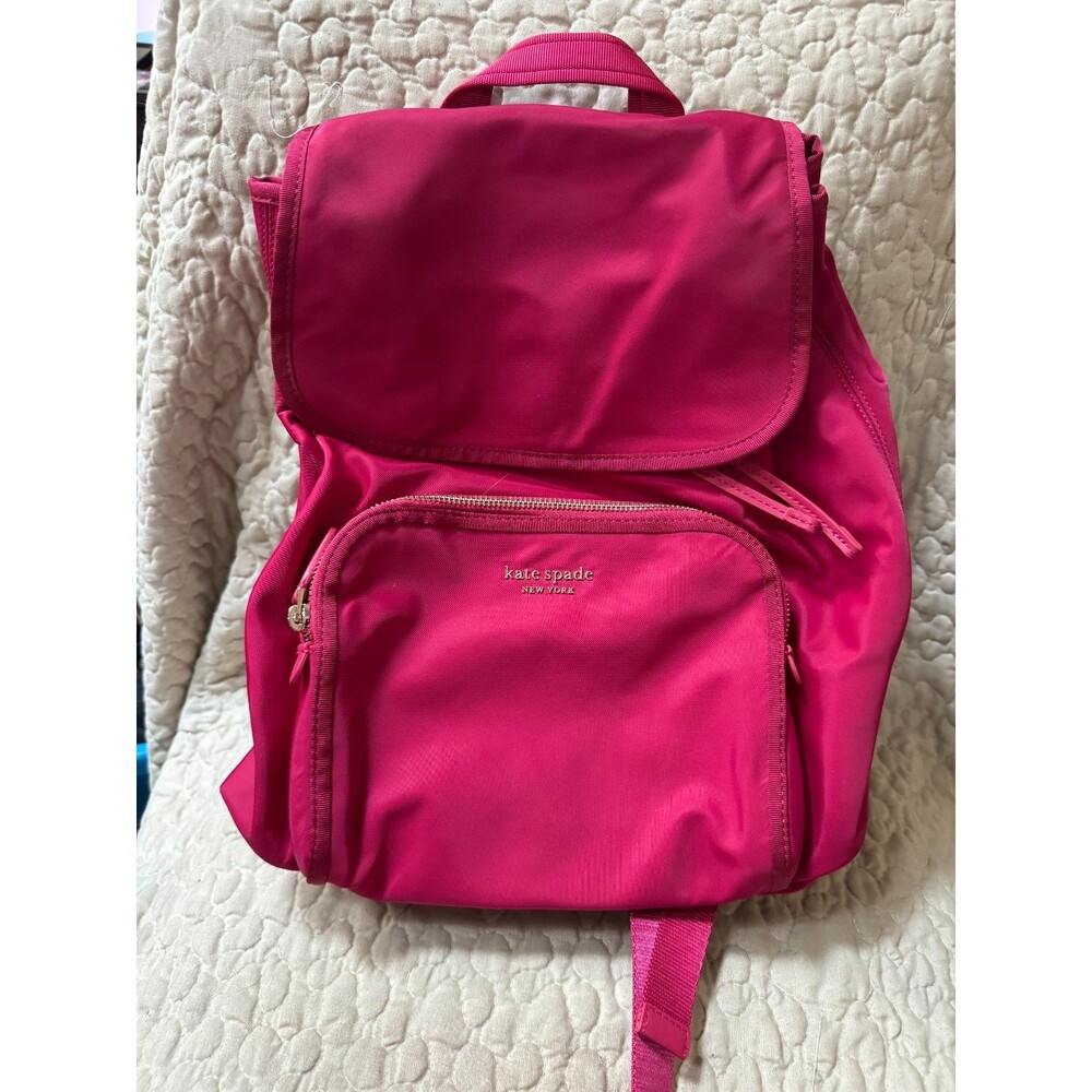Kate Spade New York Chelsea Nylon Flap Drawstring Backpack Hot Pink Travel EUC